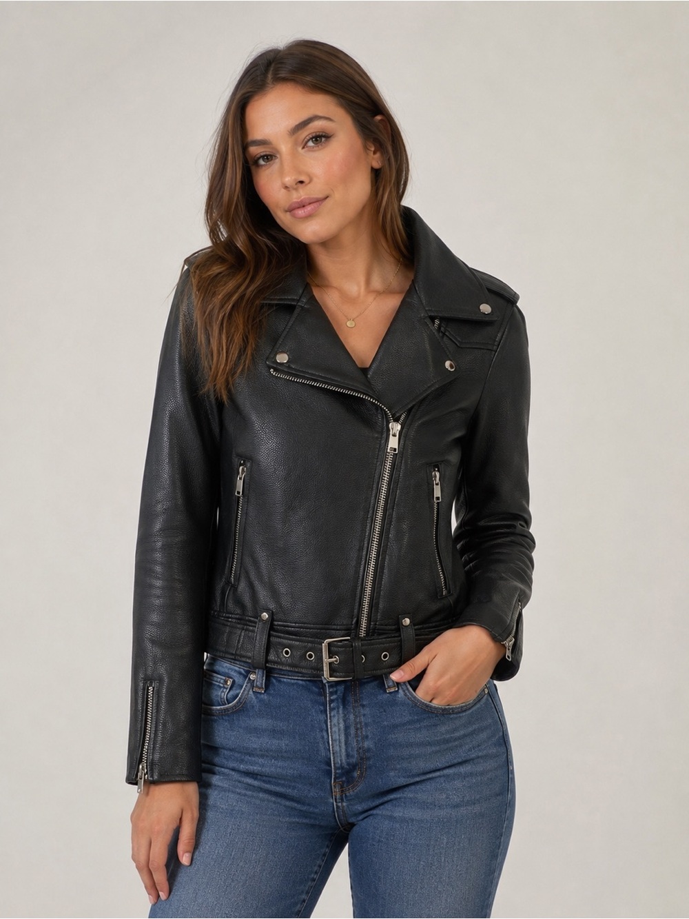 Zara Basic Black Faux Leather Moto Biker Jacket XS Belted Y2K